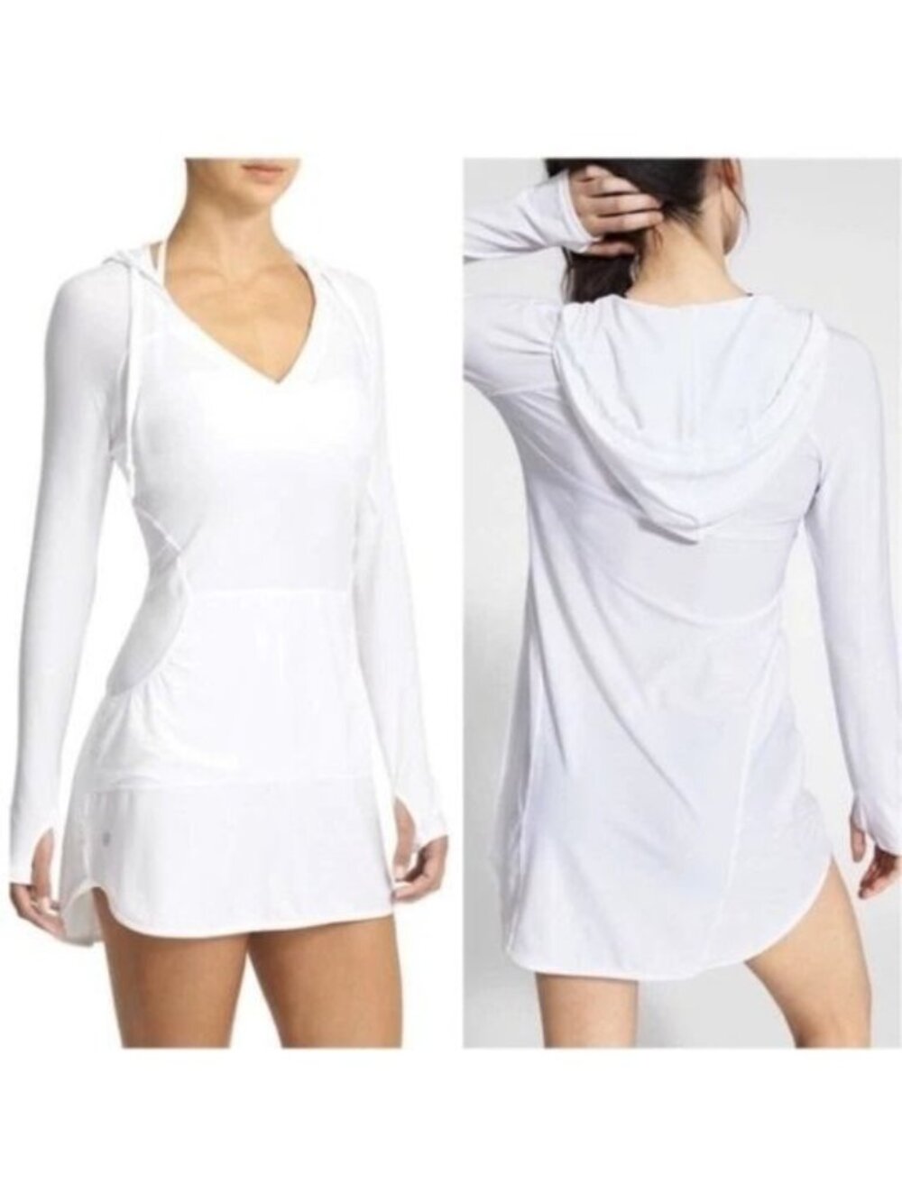 Athleta Hoodie Tunic Dress White Front Pockets Size S Thumb Holes Size small